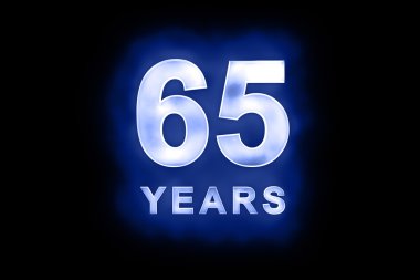 65 Years in glowing white numbers on blue