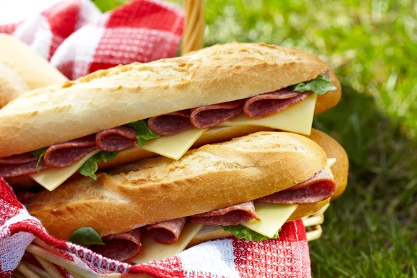 Sandwiches largos de baguette con salami y queso — Foto de Stock