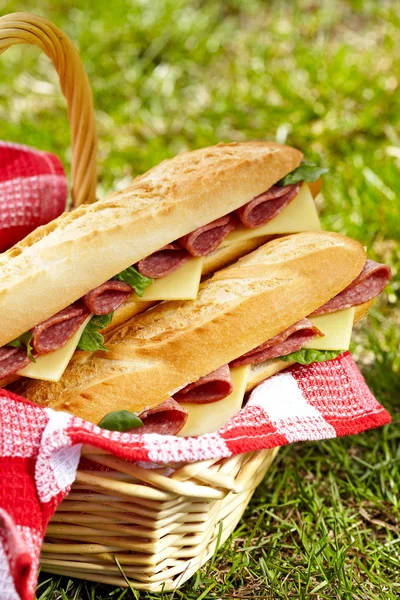 Long baguette sandwiches with salami and cheese — Stock Photo, Image