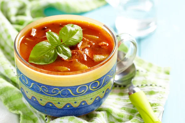 Tomato minestrone soup with bacon — Stock Photo, Image