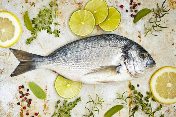 Fresh sea bream with lemon, lime and herbs — Stock Photo, Image