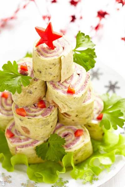 Radbruten tortilla sandwich till jul — Stockfoto