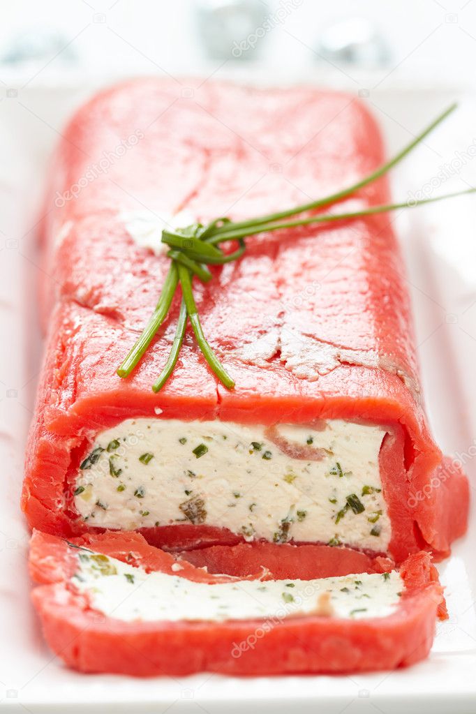 Cheese terrine wrapped with smoked salmon — Stock Photo © Odelinde