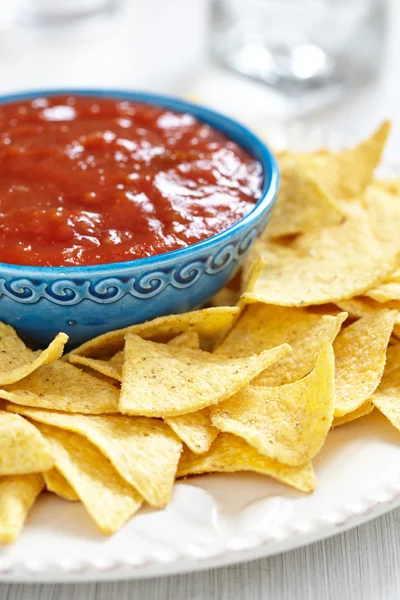 Nachos maïs chips met verse salsa — Stockfoto