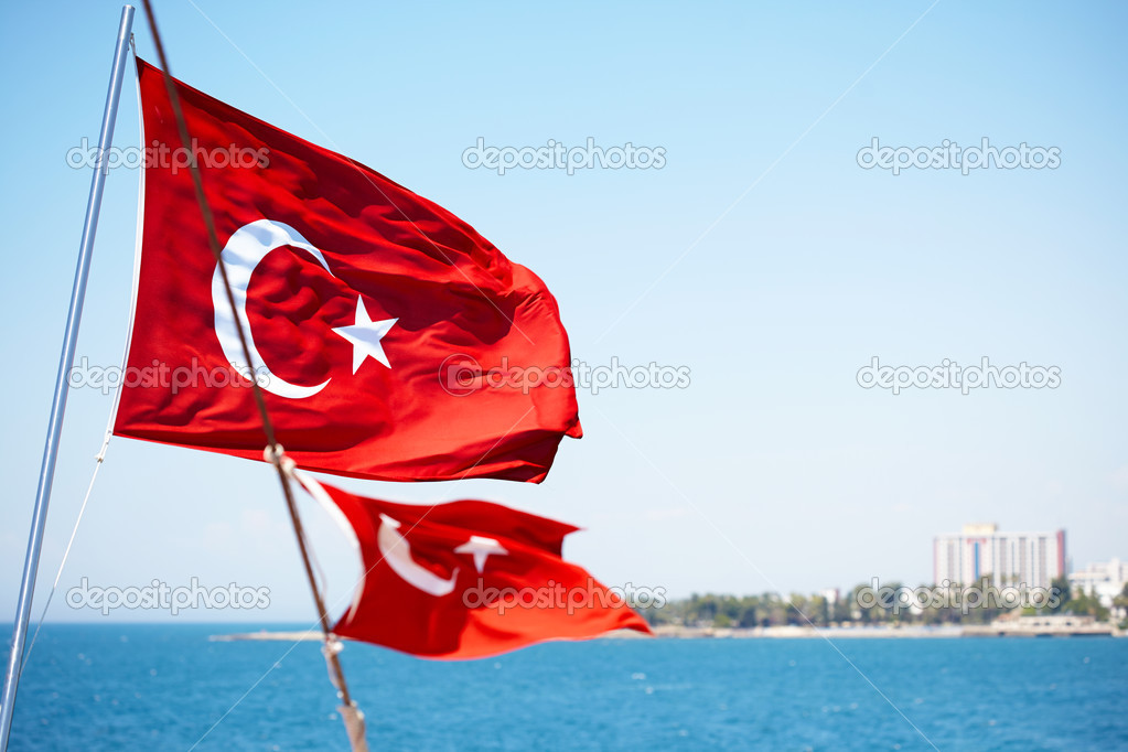 Turkish flag on the ship in sea