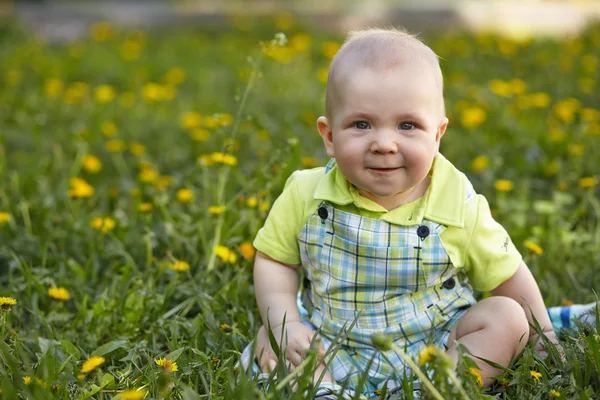 Yeşil çimenlerin üzerinde oturan erkek bebek — Stok fotoğraf