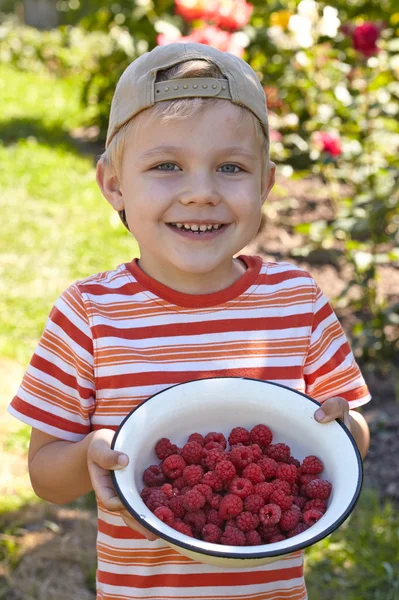 Liten pojke med skål med hallon — Stockfoto