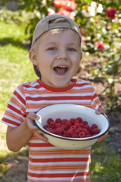 Kleine jongen met kom framboos — Stockfoto