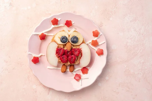 Owl pancakes with fruits for kids breakfast Stock Picture