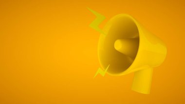 Pazarlama zamanı konsepti, gerçekçi 3 boyutlu sarı megafon, yıldırımlı hoparlör..
