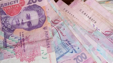 İki yüz hryvnia değerinde bir avuç banknot. Ukrayna parası.