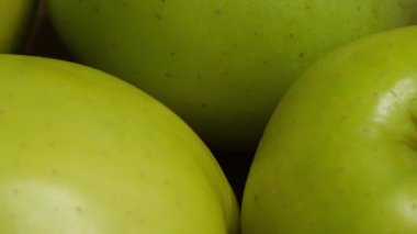 Yeşil elma kabuğu, makro video çekimi. Reinette Simirenko çeşitlerinden elmalar, yakın plan..