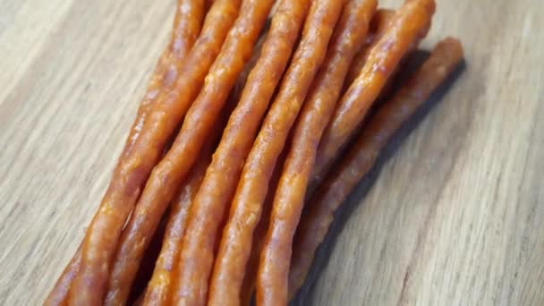 Thin Long Polish Sausage Kabanos Close Video — Stock Video