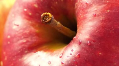 Kırmızı elmanın kabuğunda bir damla su, yakın plan..