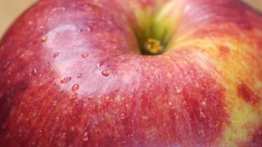 Elma kabuğundaki su damlacıkları, yakın plan. Gala 'nın elma meyvesi..