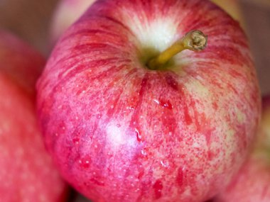 Olgun gala elmaları, yakın çekim. Elma kabukları pembe çizgilerle kaplı..