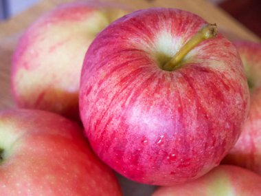 Olgun gala elmaları, yakın çekim. Elma kabukları pembe çizgilerle kaplı..