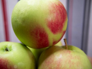 Bir demet sulu kırmızı kenarlı elma, yakın çekim. Olgun meyve.