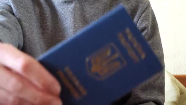 Citizen Ukraine Shows His Biometric Passport Passport Hands — Vídeo de Stock