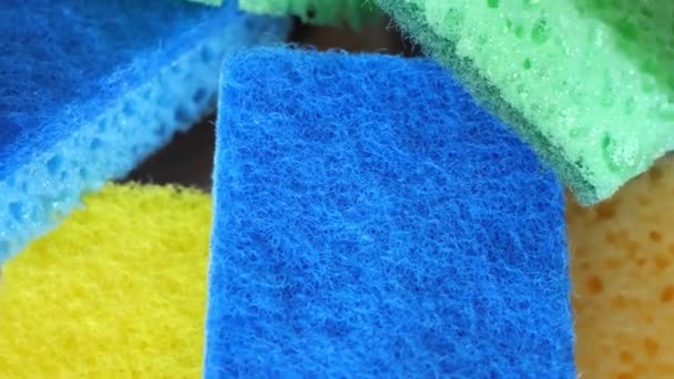 Yellow Green Blue Sponges Washing Dishes Highly Detailed Video Multicolored — Vídeo de Stock