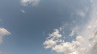 Mavi gökyüzü beyaz bulutlar hızla yüzer ve şekil değiştirir. Ürünlerinizin metin ve tasarımı için yer.