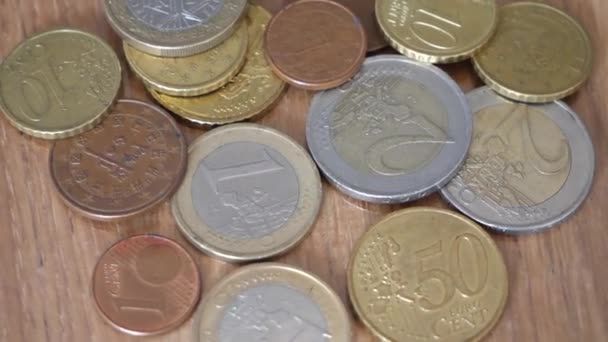 Variety Metal Coins European Union Rotating Wooden Surface European Coins — Stockvideo