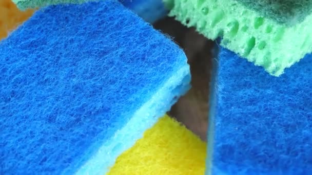 Yellow Green Blue Sponges Washing Dishes Highly Detailed Video Multicolored — Vídeo de Stock