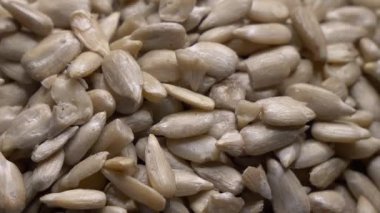 Soyulmuş ayçiçeği çekirdekleri yakın planda döner. Sağlıklı çiğ tohum. Makro çekim
