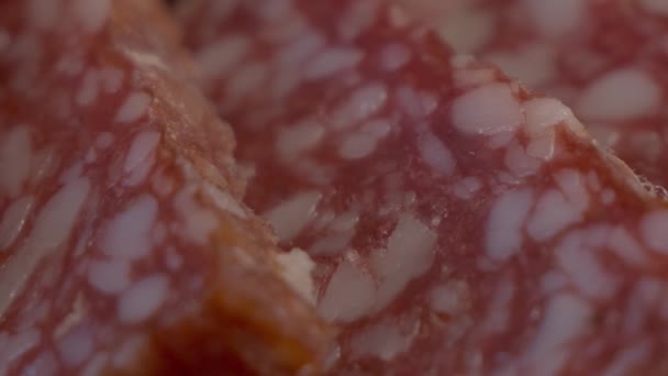 Câteva Bucăți Cârnați Salam Luate Aproape Aperitiv Carne Împușcat Glisant — Videoclip de stoc