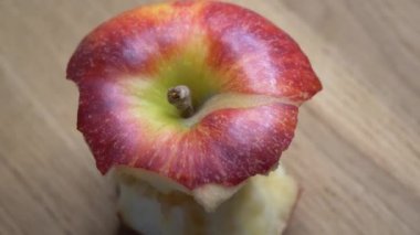 Yakın planda yarısı yenmiş bir kırmızı elma. Gala çeşitliliğinin çekirdeği, rotasyon. Isırılmış bir meyvenin makro videosu.