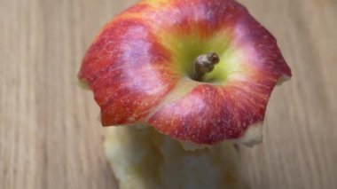 Yakın planda yarısı yenmiş bir kırmızı elma. Gala çeşitliliğinin çekirdeği, rotasyon. Meyvelerin makro videosu.