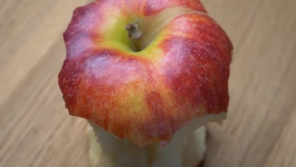 Ein Roter Apfel Großaufnahme Halb Verzehrt Der Kern Eines Apfels — Stockvideo