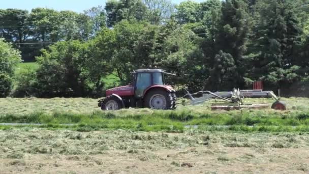 Clonakilty Ιρλανδία Ιουνίου 2022 Ένας Αγρότης Ένα Τρακτέρ Γυρίζει Γρασίδι — Αρχείο Βίντεο