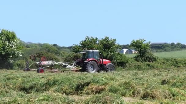 アイルランドのクロナキルティ 2022年6月4日 トラクターの上の農家は晴れた日に芝生をひっくり返し 乾燥が速くなり干し草になります 農家の畑で働いている 手持ちビデオ — ストック動画