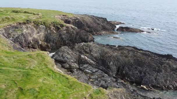 Dense Green Grasses Cover Rocky Shores Southern Ireland Beautiful Seascape — Video
