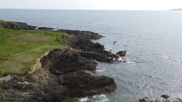 Coast West Cork Aerial View Grassy Rocks Seashore Irish Landscape — Stock video