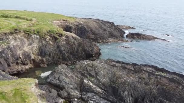 Dense Green Grasses Cover Rocky Shores Southern Ireland Beautiful Seascape — Stockvideo