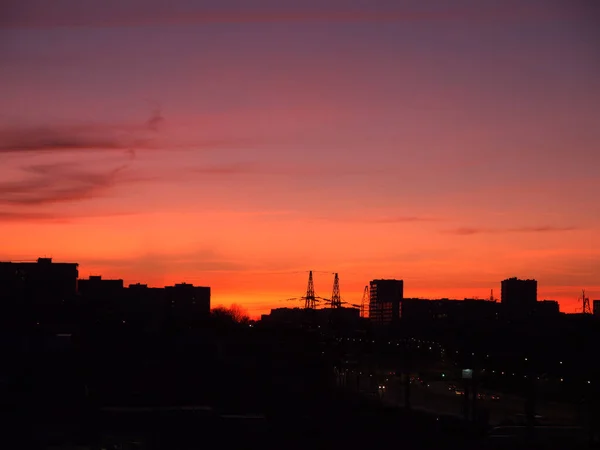 Beautiful Bright Sunset Sky Building Silhouettes City Lviv Skyline Sunset — 图库照片