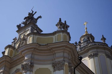 St. George's Cathedral is a baroque-rococo cathedral located in the city of Lviv, the historic capital of western Ukraine. Beautiful Christian church. Fragment of the facade