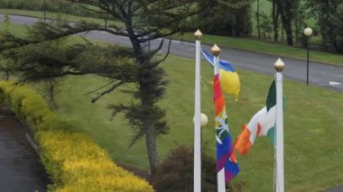 Three flagpoles, flags of Ukraine, Ireland and the LGBTQ. Flags are fluttering under the gusts of wind. Video in 4k format. Cloudy rainy weather.