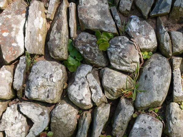 Masonry as a background. A fragment of a fence made of untreated stone blocks, texture. Gray and brown stone fragments