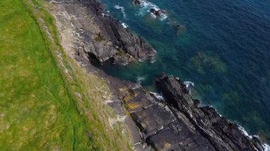 Thick green grass on the rocky shore of the Celtic Sea in Ireland. Seaside landscape, footage from a drone in full hd format. The blue waves of the Atlantic.