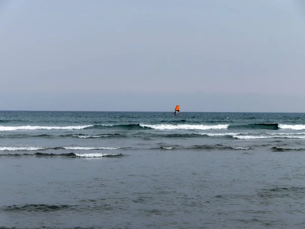 Grey Overcast Sky Cold Sea Seascape Windsurfing Board Orange Sail — 图库照片