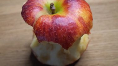 A stub of a large apple. Half-eaten one red apple close-up. The core of an apple of the gala variety, rotation. Macro video.