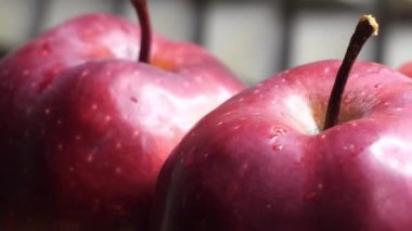 Kırmızı şefin büyük kırmızı elmaları. Elma kabuğuna bir damla su..