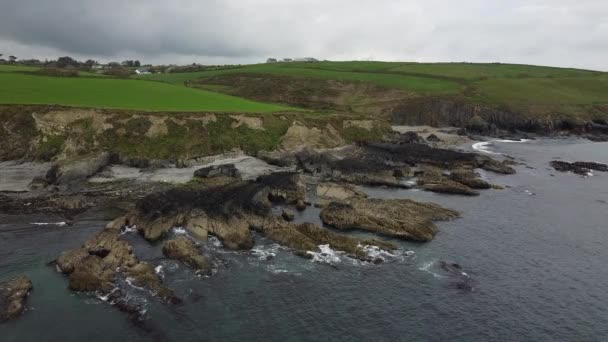 Zelená Pole Skalnatém Pobřeží Jižním Irsku Vody Keltského Moře Narazily — Stock video