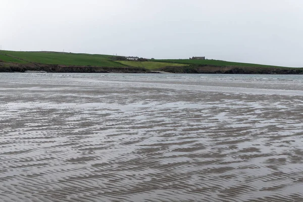 冷たい海の岸に波の砂 曇りの日に海辺の風景 水の体の近くの砂の上の美しいパターン — ストック写真