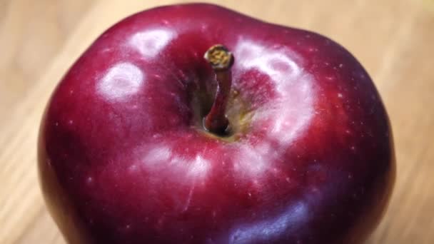 リンゴ一つ 赤いチーフ品種のリンゴ リンゴの皮のハイライト 非常に詳細なビデオ — ストック動画