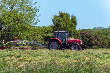 West Cork, İrlanda, 28 Mayıs 2022. Bir traktör hayvan için saman toplar. Bir bahar günü tarımla ilgili tarımsal çalışmalar. Yeşil çimenlikte kırmızı ve siyah traktör