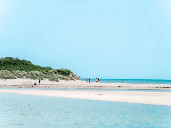 爱尔兰科克郡 2022年6月12日 清澈无云的天空笼罩着美丽的沙滩 几个人在沙滩上 夏日的爱尔兰风景如画的海景 在海滩上散步的人 — 图库照片